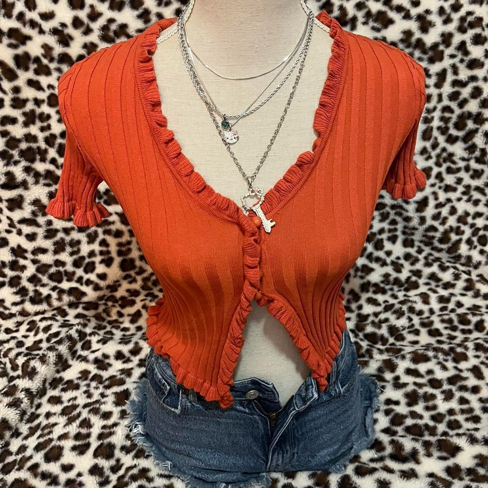 vintage style orange red frilly ruffle crop top